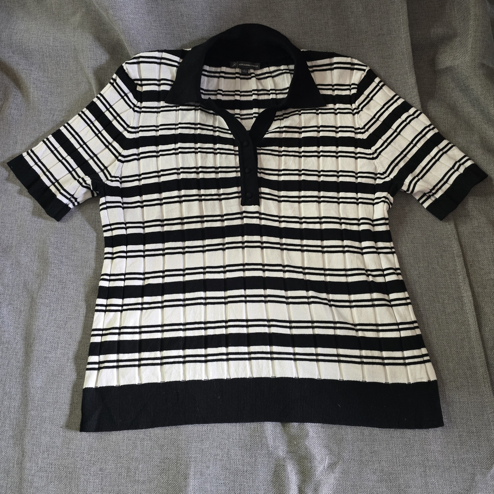 Adrianna Papell Black and White Striped Polo Shirt Womens Large